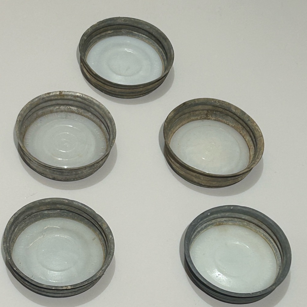 Vintage (5) zinc canning mason jar lids, white porcelain lined regular 3”